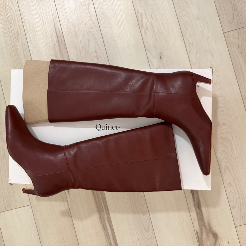 Quince Italian Leather Tall Kitten Heel Boots Merlot Size 7 Sleek Office Siren